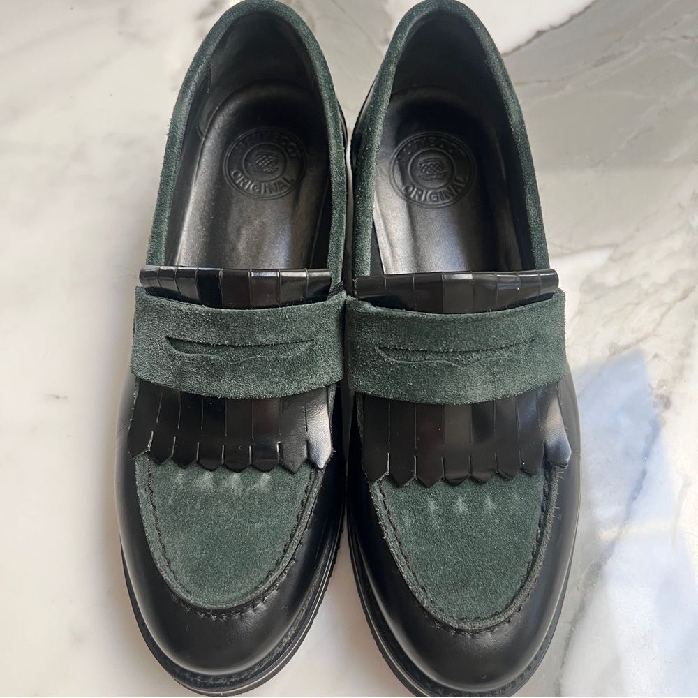 Green and Black Loafers with Fringe Detail